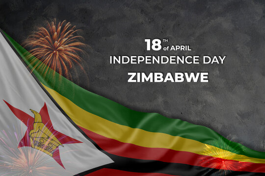 Zimbabwe independence day greetings card with flag and fireworks