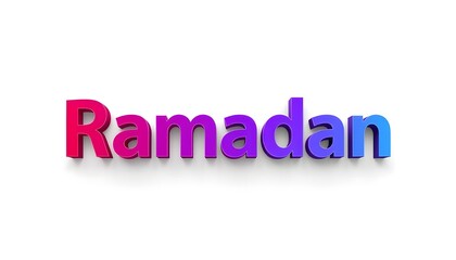A colorful 3D rendering of the word Ramadan in vibrant pink, purple, and blue hues on a clean white background