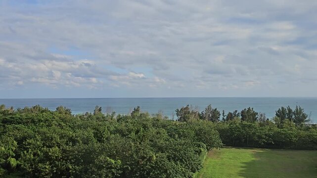 Golden sunrise over coastal park grassland and windbreak forest in Hualien, warm morning light illuminating Pacific shoreline with tranquil greenery and peaceful seaside landscape in Taiwan