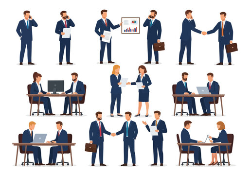 Business professionals in various office settings and interactions