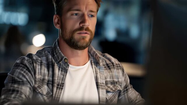 Stressed businessman stares intently at computer screen in a dimly lit office during late evening hours, grappling with work-related pressures and deadlines