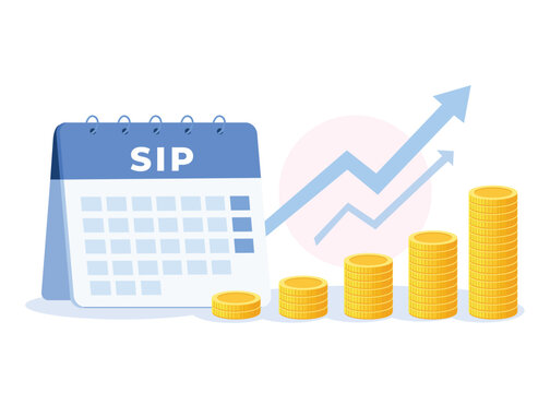 SIP calendar with rising coin stacks and upward growth arrow
