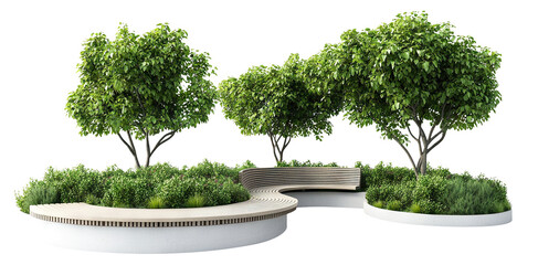 Naklejka premium Urban landscaping bench with trees and bushes, isolated on transparent cutout background