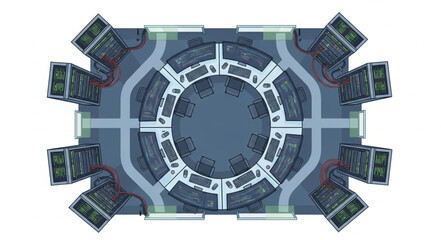 Obraz premium Architectural aerial view of a futuristic circular structure with intricate design elements.