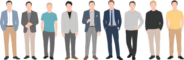 Fototapeta premium Flat vector illustration of diverse men standing in different casual and business outfits, modern male characters isolated on white background fashion collection