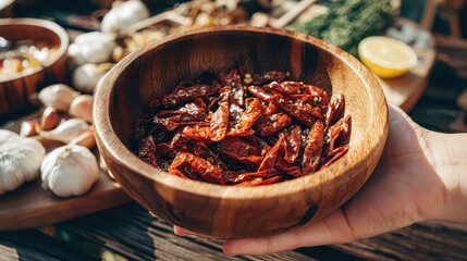 Close Up of Person Holding Wooden Bowl Filled With Dried Red Chili Peppers Surrounded by Garlic and Half Lemon