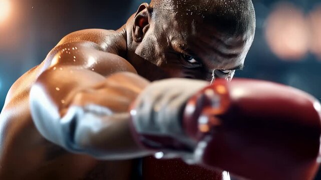 Boxer focuses intensely before a match, preparing for an upcoming fight while showcasing strength and determination in a dynamic sports atmosphere