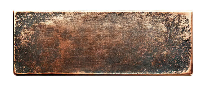 Old copper nameplate with textured rust surface, isolated on transparent cutout
