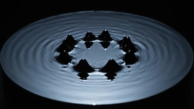 Mesmerizing Ferrofluid Reacting to Sound Frequencies, Forming Spiky Abstract Structures on a Reflective Black Surface