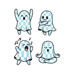 Cartoon ghosts expressing different emotions with checkered pattern on white background