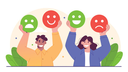 Two diverse people hold up large happy and sad emoji faces, smiling while displaying satisfaction and dissatisfaction ratings.