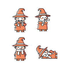 Fototapeta premium Cartoon wizard characters in various poses with orange robes and hats on white background