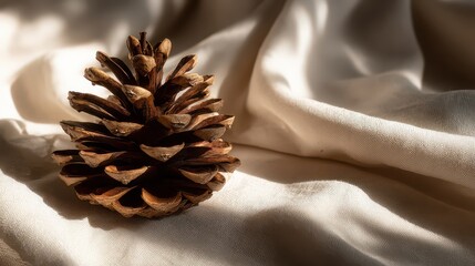Detailed Pine Cone on Shimmering Beige Fabric with Soft Lighting Nature Still Life Elegant Background Texture Holiday Season Rustic Decor