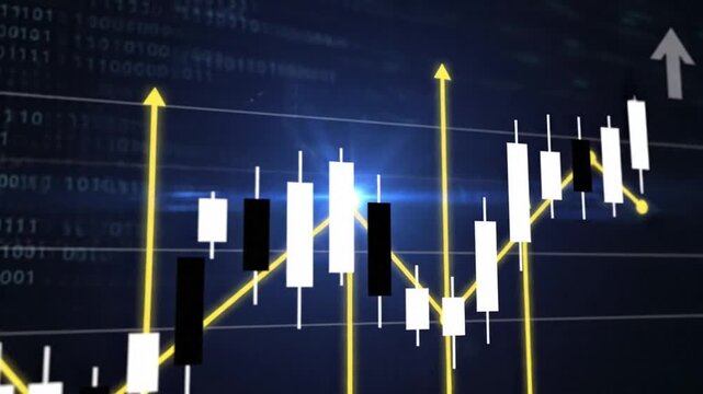 Financial Market Trends and Stock Prices Analysis on Digital Screen Displaying Growth Charts and Graphs with Rising Arrows