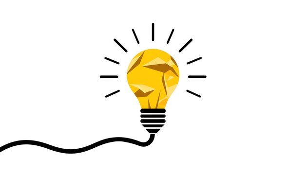 A bright yellow lightbulb with a black cord and lines radiating from it, symbolizing a great idea or inspiration