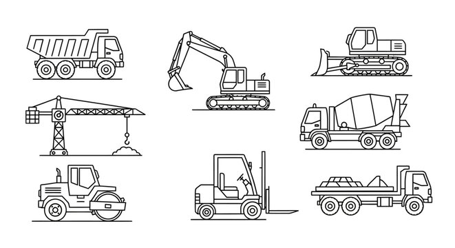 Construction Vehicles Line Art Icons Set: Heavy Equipment, Machinery, Dump Truck, Excavator, Crane, Bulldozer, Mixer, Forklift, Road Roller