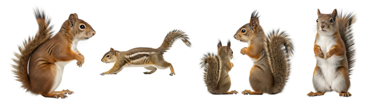 Five brown and white squirrels in different poses on transparent background