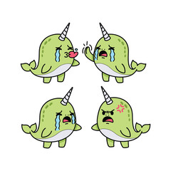 Crying cartoon narwhals showing different emotions with copy space © Md
