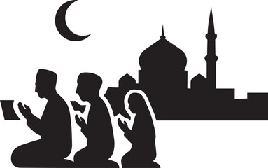 Eid Jamaat Prayer Silhouette Scene vector art illustrator