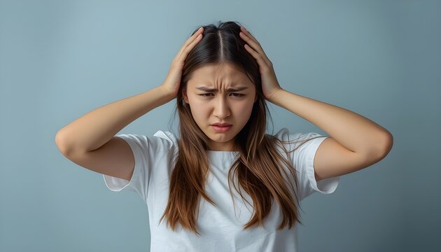 A frustrated young woman with her hands on her head and a stressed expression on her face