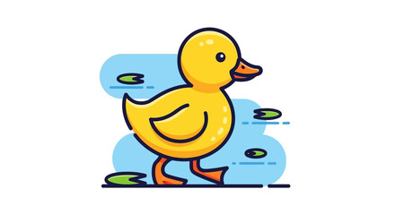 A happy yellow duckling walking on water with leaves around, viewed from the side in a playful illustration.