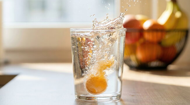 An orange effervescent tablet dissolves in a glass of water, creating refreshing bubbles and a splash on a sunlit kitchen counter with fruit in the background.