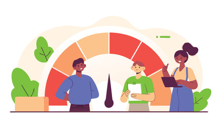 Three diverse professionals stand in front of a large performance gauge, discussing employee skills and work efficiency.