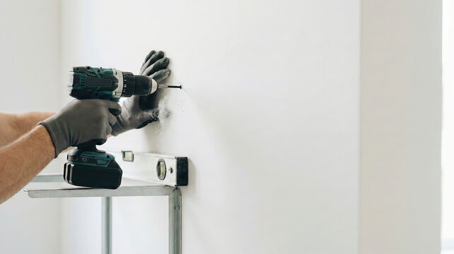 Hands in gloves using a power drill to make a hole in a white wall. Home improvement and DIY concept.
