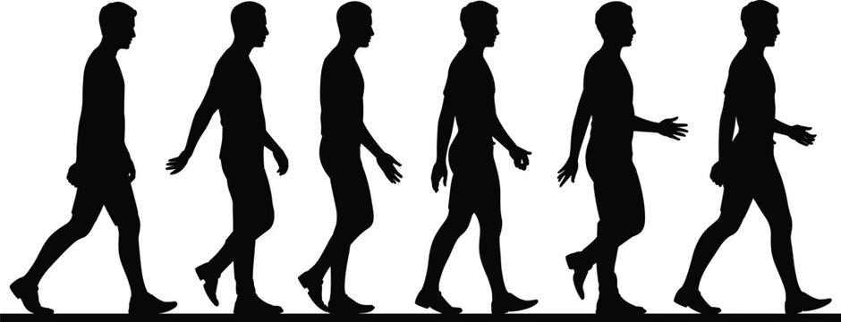 Set of walking man silhouettes in side view, sequence of male movement isolated on white background, human gait cycle collection, motion study concept