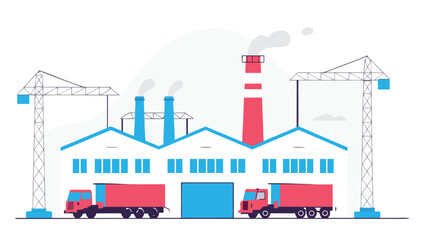 Modern industrial factory building with smoking chimneys and two large cranes, with trucks parked for production and logistics.