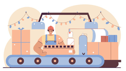 Factory worker in a hard hat operates a festive conveyor belt, packaging gift boxes decorated with Christmas lights.