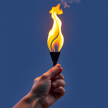 A hand holding a burning faker, the Olympic flame icon sign, the concept of the international Sports Games