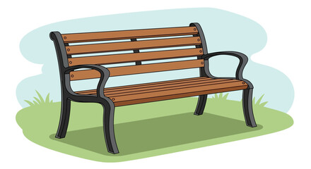 A wooden bench with black metal arms and legs stands alone on a green grassy area viewed from the side © Avra