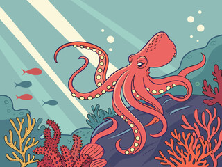 Obraz premium Bright red octopus sitting on coral reef, detailed suction cups, tropical underwater scene, soft light rays, ultra realistic.