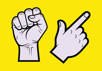 Fototapeta premium Two cartoon hands making clenched fist and pointing finger gestures on yellow background