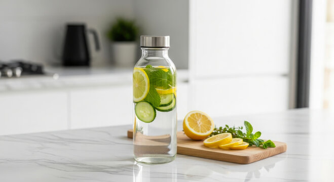 A refreshing bottle of water with lemon and mint on a kitchen counter