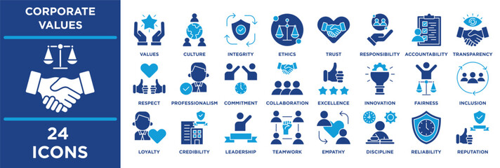 Obraz premium Corporate Values icon set illustrating transparency, respect, professionalism, commitment, collaboration, excellence, innovation, fairness. blue tone icons