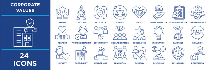 Corporate Values icon set featuring  values, culture, integrity, ethics, trust, responsibility, accountability. line blue illustration