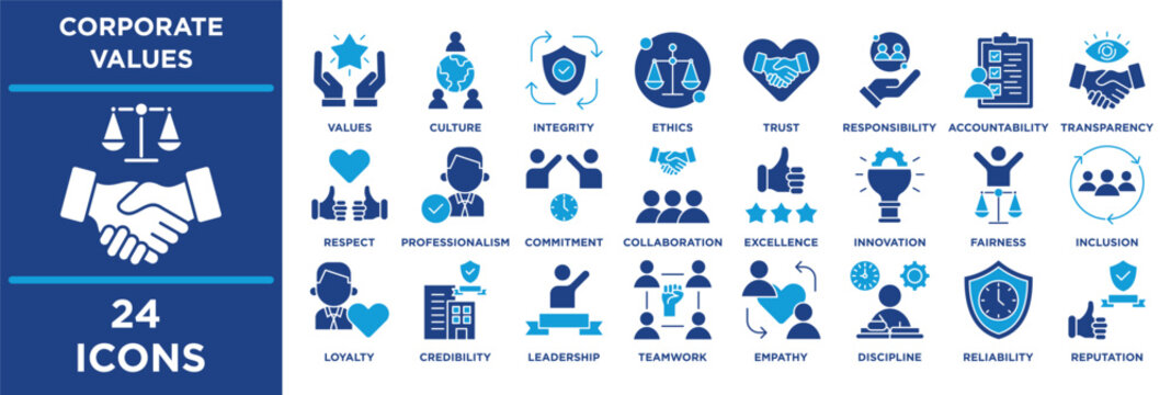Corporate Values icon set illustrating transparency, respect, professionalism, commitment, collaboration, excellence, innovation, fairness. blue tone icons