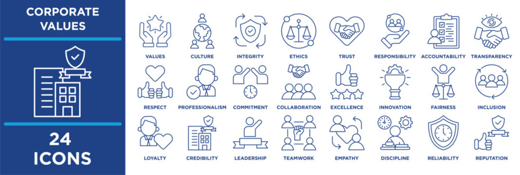 Corporate Values icon set featuring  values, culture, integrity, ethics, trust, responsibility, accountability. line blue illustration