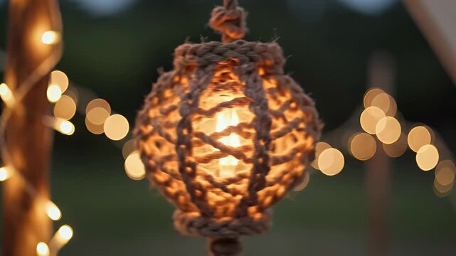 Glowing lantern crafted with rope, emitting warm light against a bokeh background, strung lights