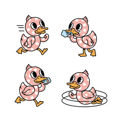 Obraz premium Cartoon duck exercising and relaxing in a minimalist style with copy space