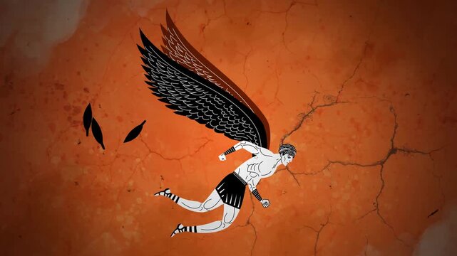 icarus flying as feathers scatter in ancient orange greek vase style