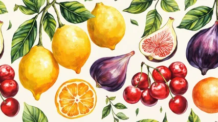 Sierkussen Aquarel prints patronen Watercolor seamless pattern of fresh fruits including lemons, cherries, figs, and oranges  © BloomPix