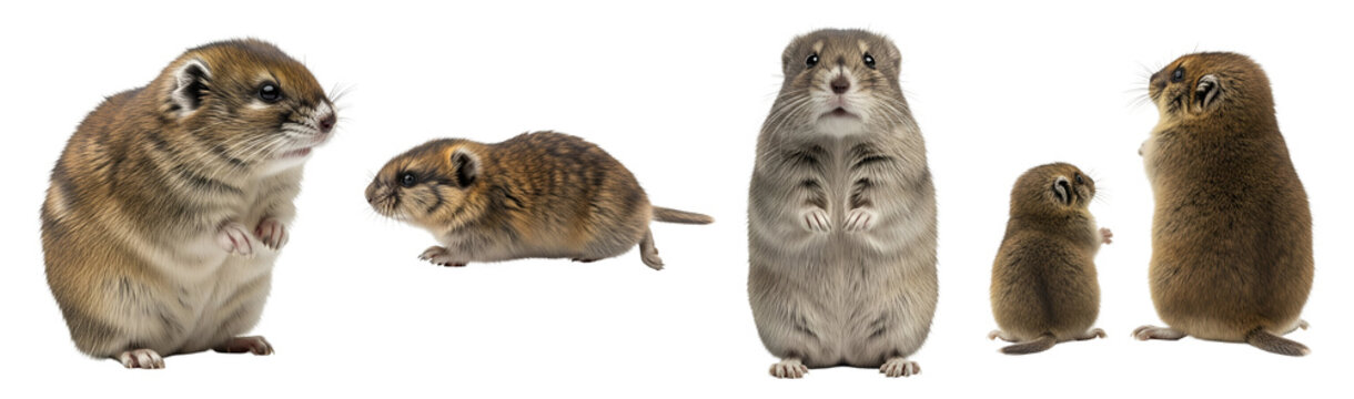 Five gerbils of different sizes standing on transparent background
