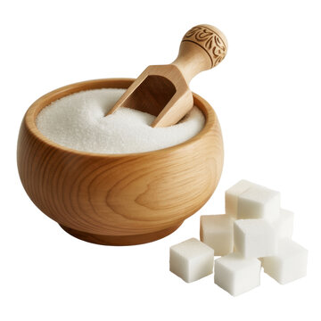 Sugar bowl with sugar cubes wooden bowl scoop sweet isolated on a transparent background