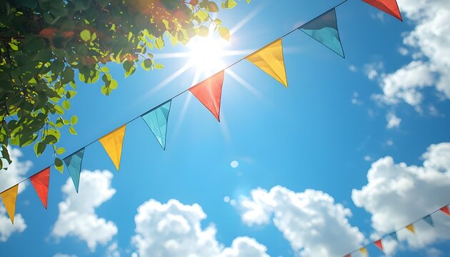 A colorful string of triangular flags hangs against a bright blue sky with fluffy white clouds and sunshine