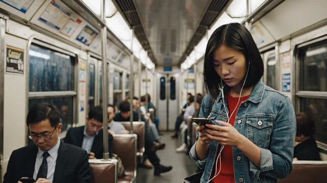 Young woman standing on a crowded subway car checking her phone while commuters sit around her