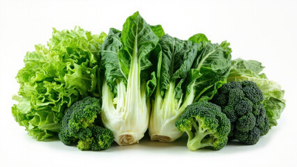 Assortment of fresh green leafy vegetables and broccoli florets arranged together