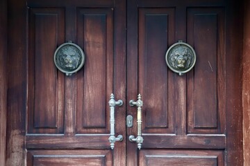 Vintage Front Door with Decorative Knocker and Handle, Wooden Entrance Door with Bronze Handle